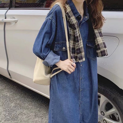 長袖ボタン付きデニムのロングスカート