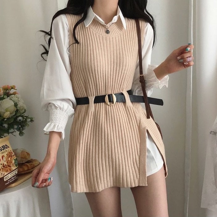 T-shirt dress + knitted vest set