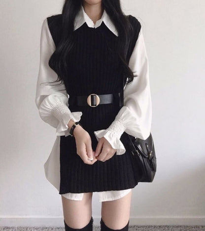 T-shirt dress + knitted vest set