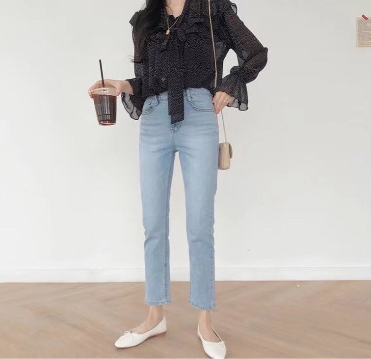 Polka Dot Long Sleeve Chiffon Top