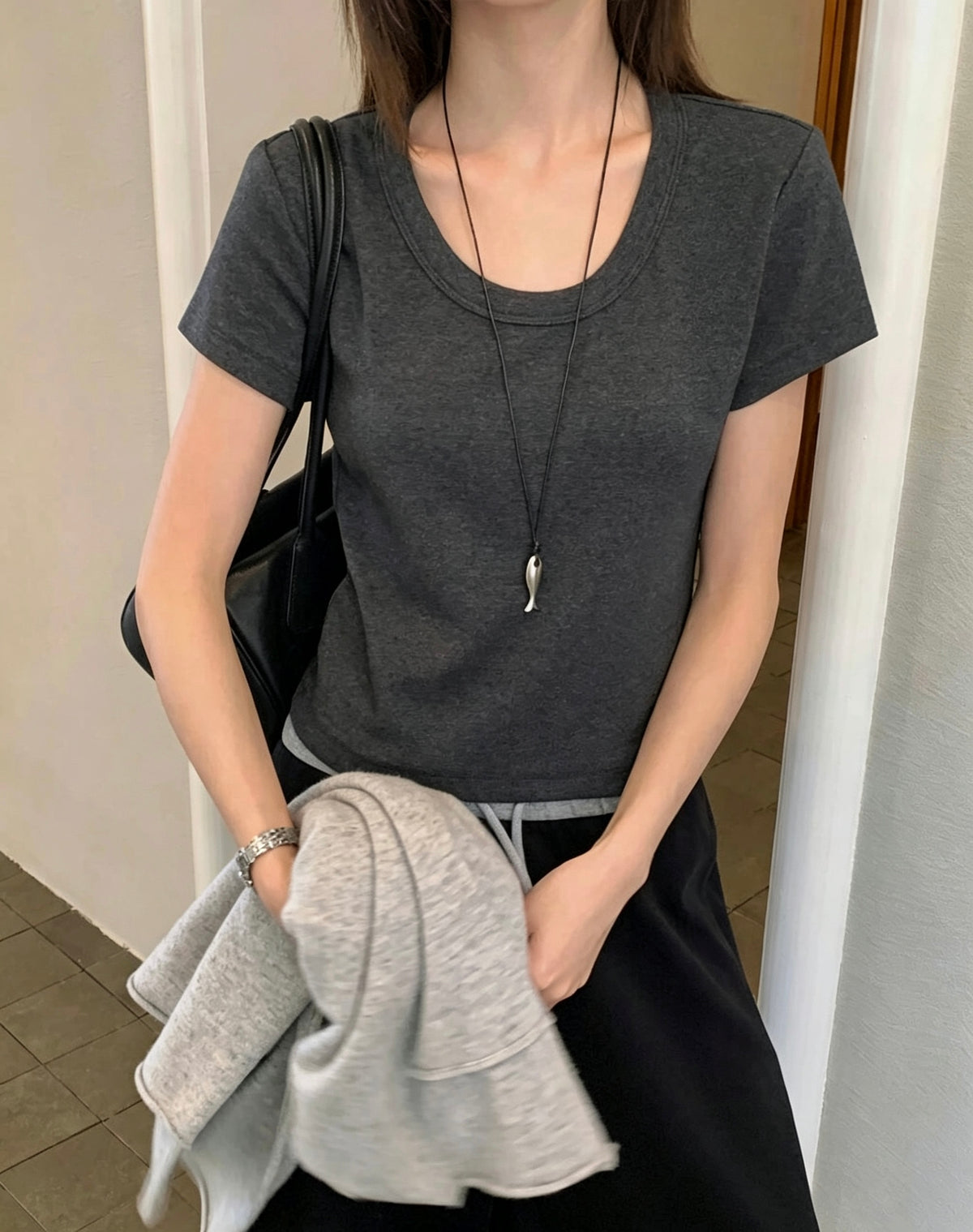 Korean Style U-Neck Solid Thickened Short-Sleeve T-Shirt