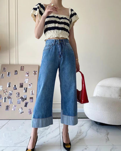 Color-blocked high-waisted cropped jeans