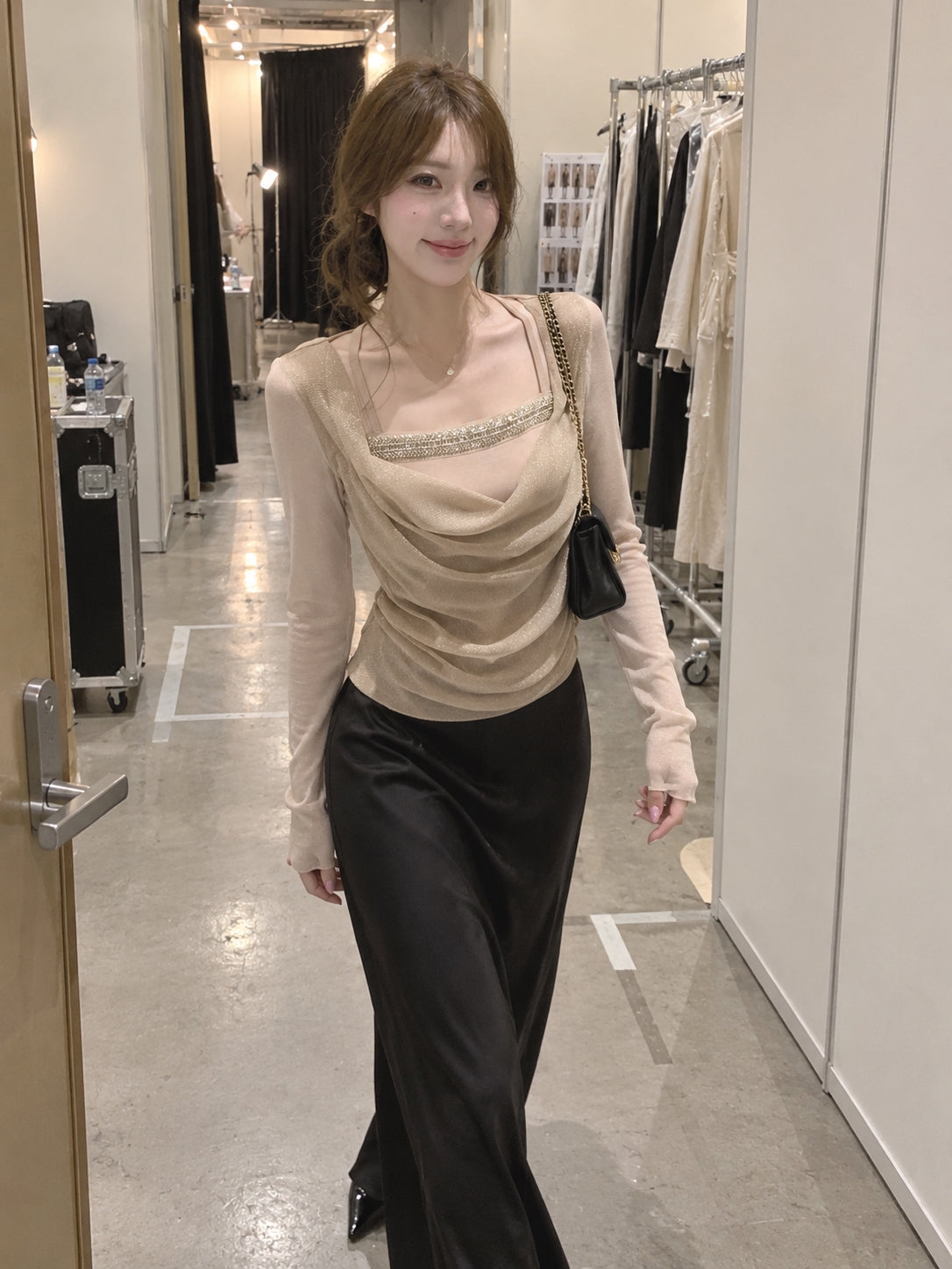 Romantic Beaded Mesh Cowl Neck Layered Top