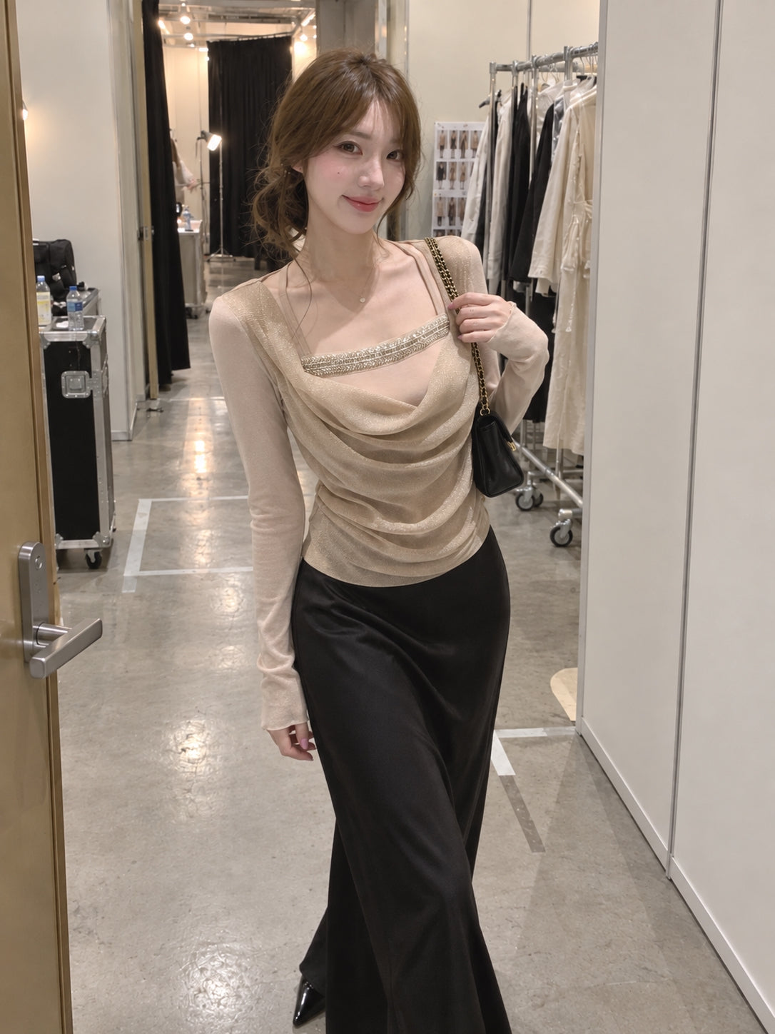 Romantic Beaded Mesh Cowl Neck Layered Top