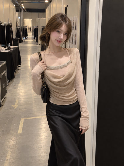 Romantic Beaded Mesh Cowl Neck Layered Top