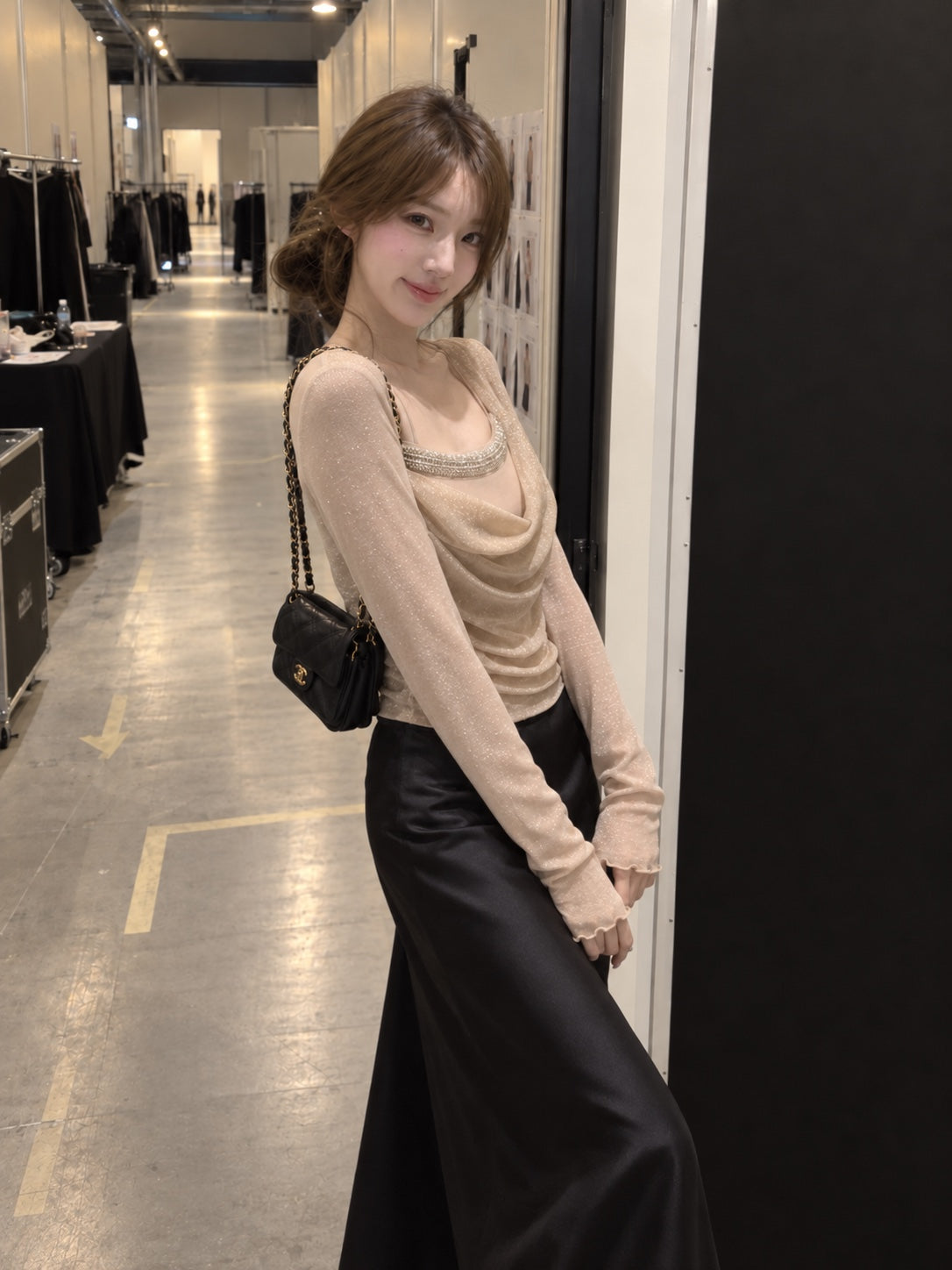 Romantic Beaded Mesh Cowl Neck Layered Top