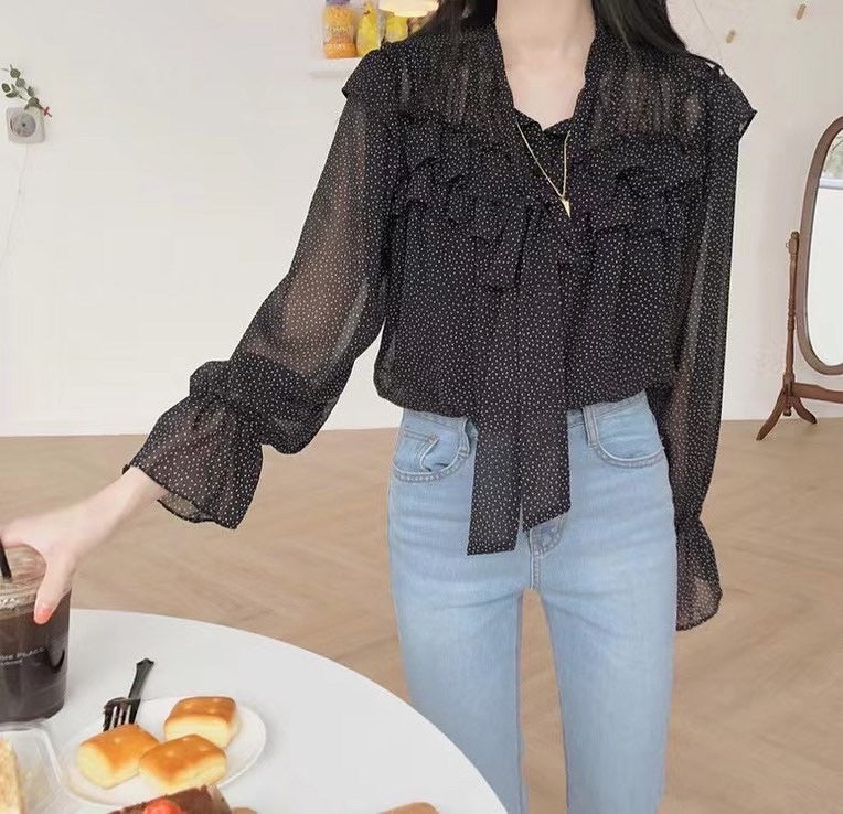 Polka Dot Long Sleeve Chiffon Top