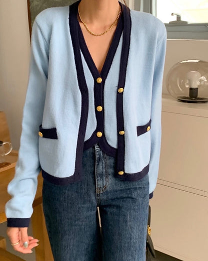 V-neck single-breasted vest + color-block knit cardigan