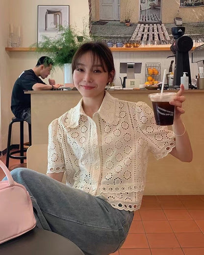 半袖レースボタントップ