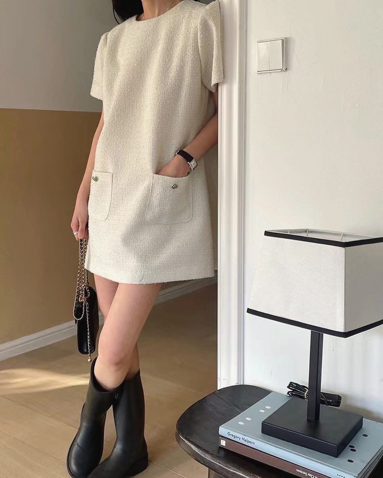 圓領tweed連身裙