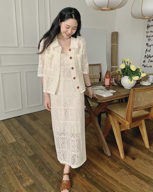 French-style shirt top + suspender dress