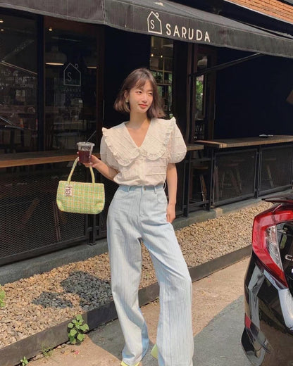 Ruffled Collar Short Sleeve Blouse