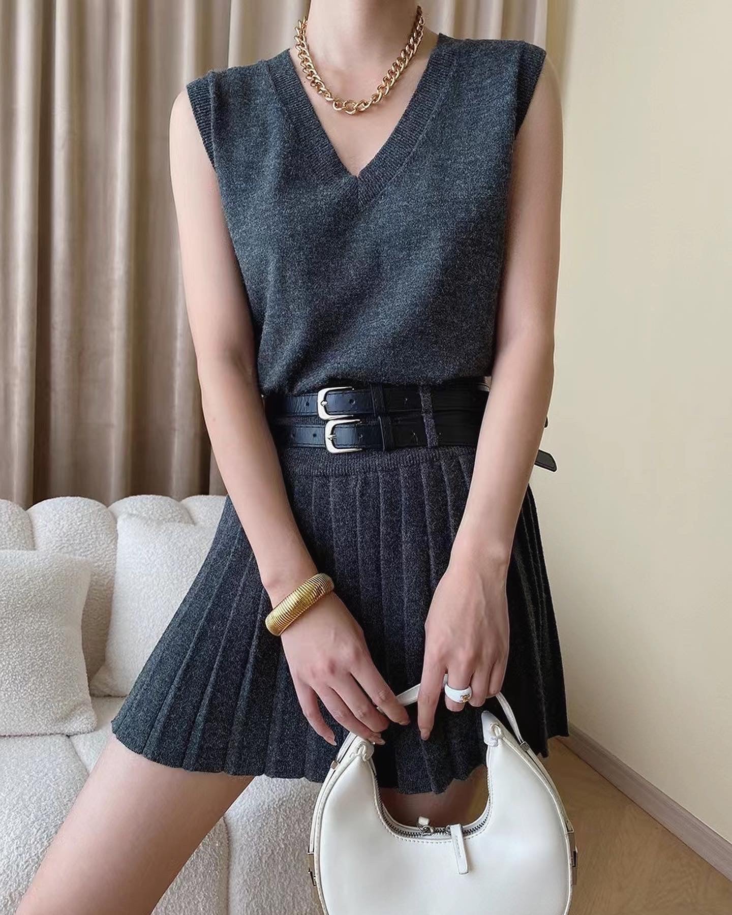 Vest and Pleated Skirt Set