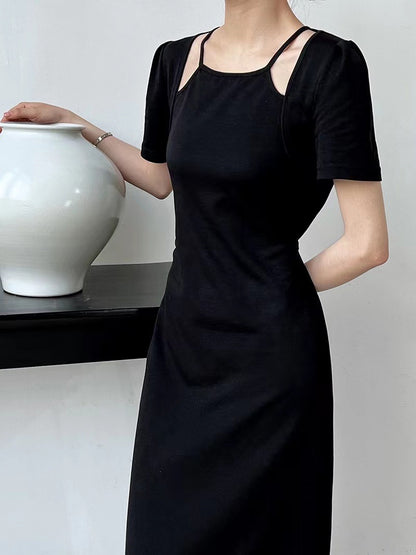 Black Short-Sleeve Fitted Maxi Dress
