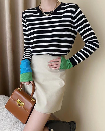 Color-Blocked Striped Long Sleeve Top