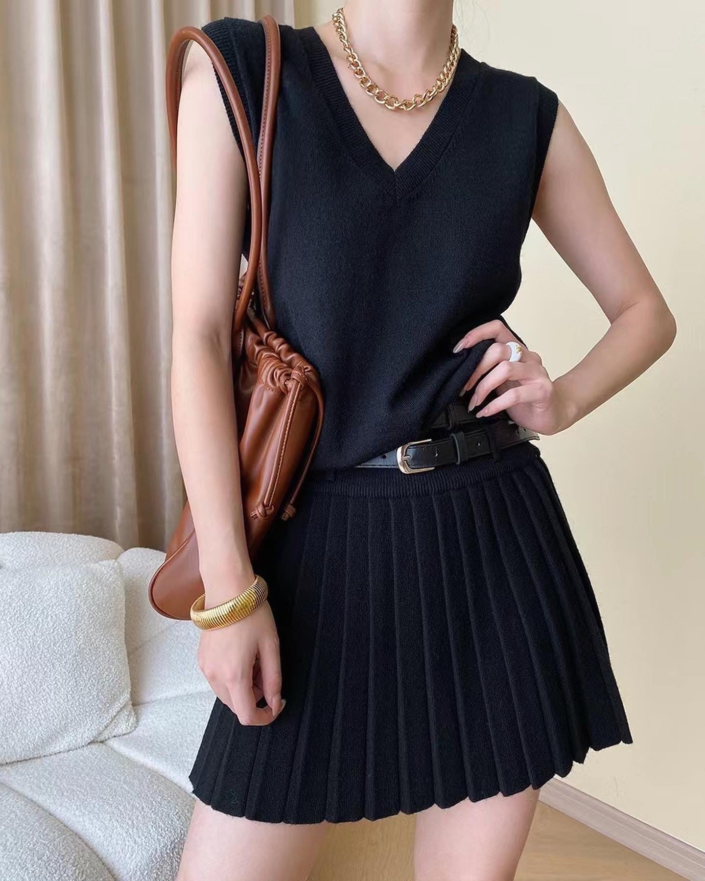 Vest and Pleated Skirt Set