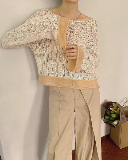 パッチワークと透かし編みニットトップ