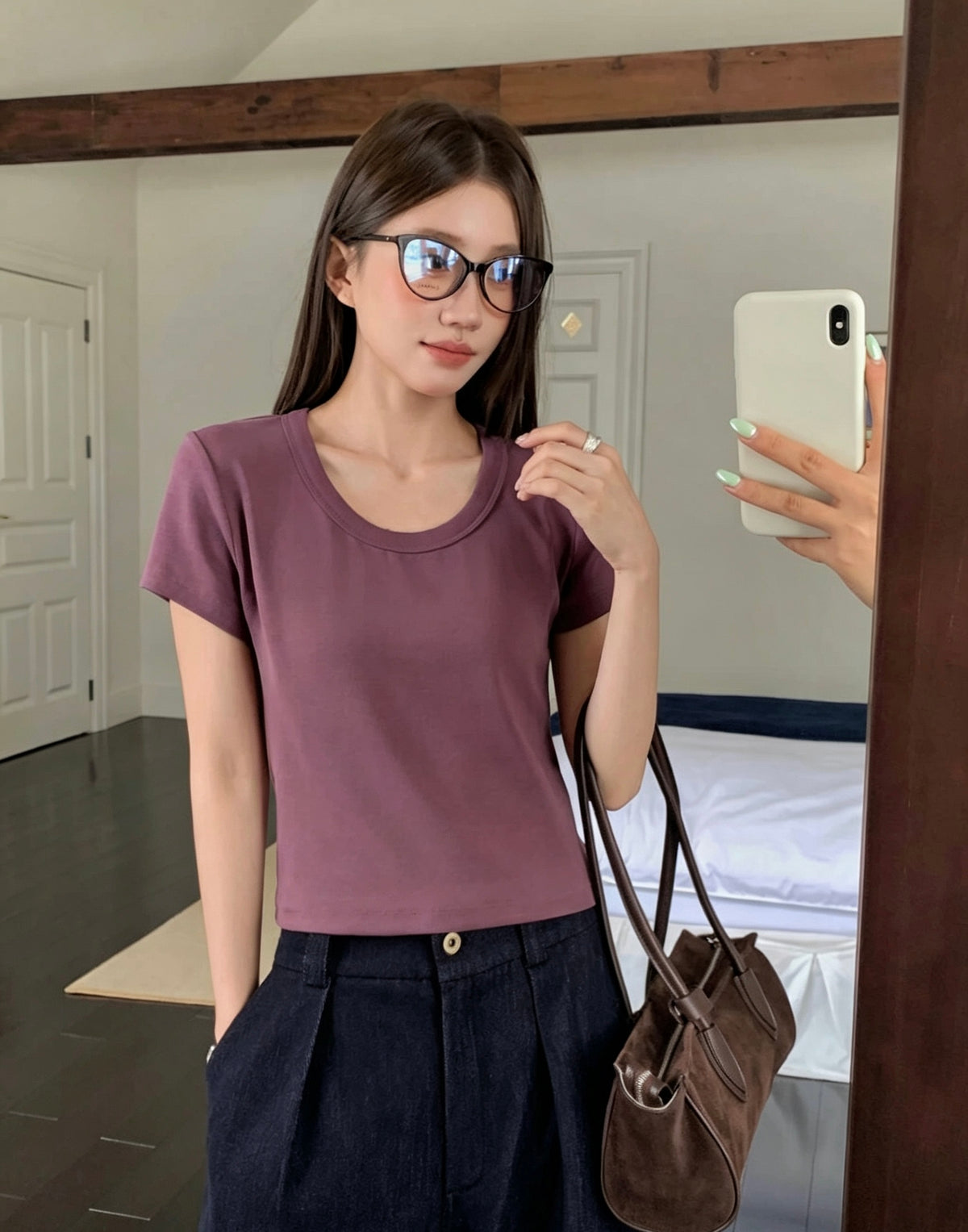 Korean Style U-Neck Solid Thickened Short-Sleeve T-Shirt