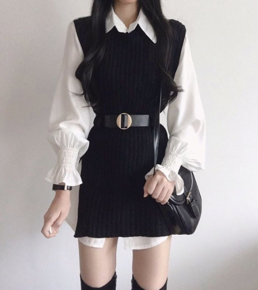 T-shirt dress + knitted vest set