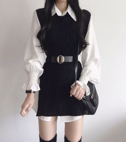 T-shirt dress + knitted vest set