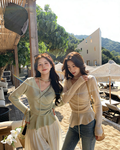 Gentle and Elegant Waist-Cinching Ruffle Knit Top