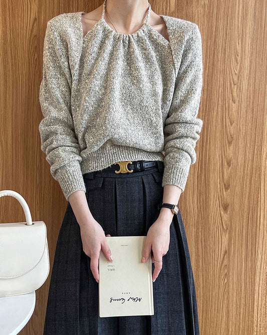 掛脖假兩件針織top