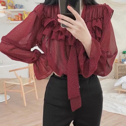 Polka Dot Long Sleeve Chiffon Top