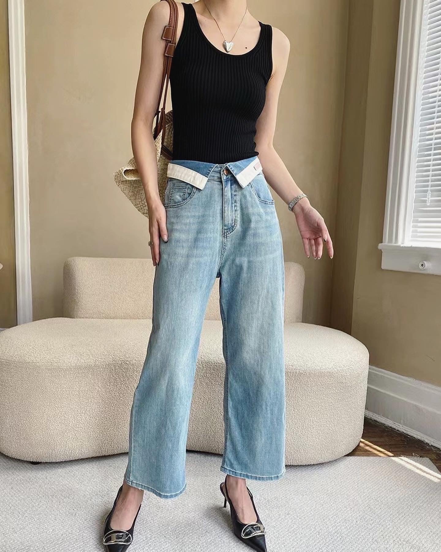 スリム効果抜群の9分丈ワイドデニムパンツ