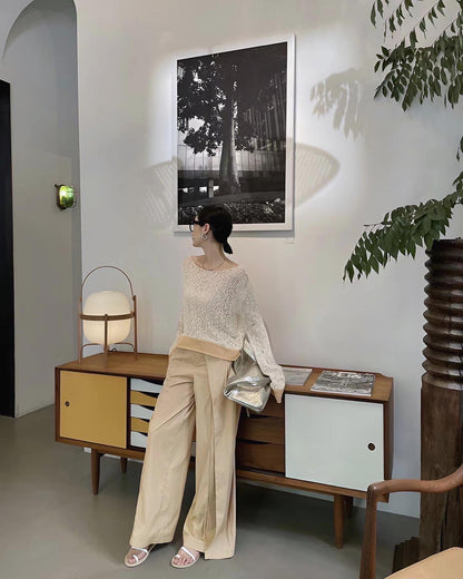 パッチワークと透かし編みニットトップ