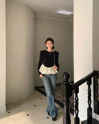 ヴィンテージバックオープンフリル長袖トップ