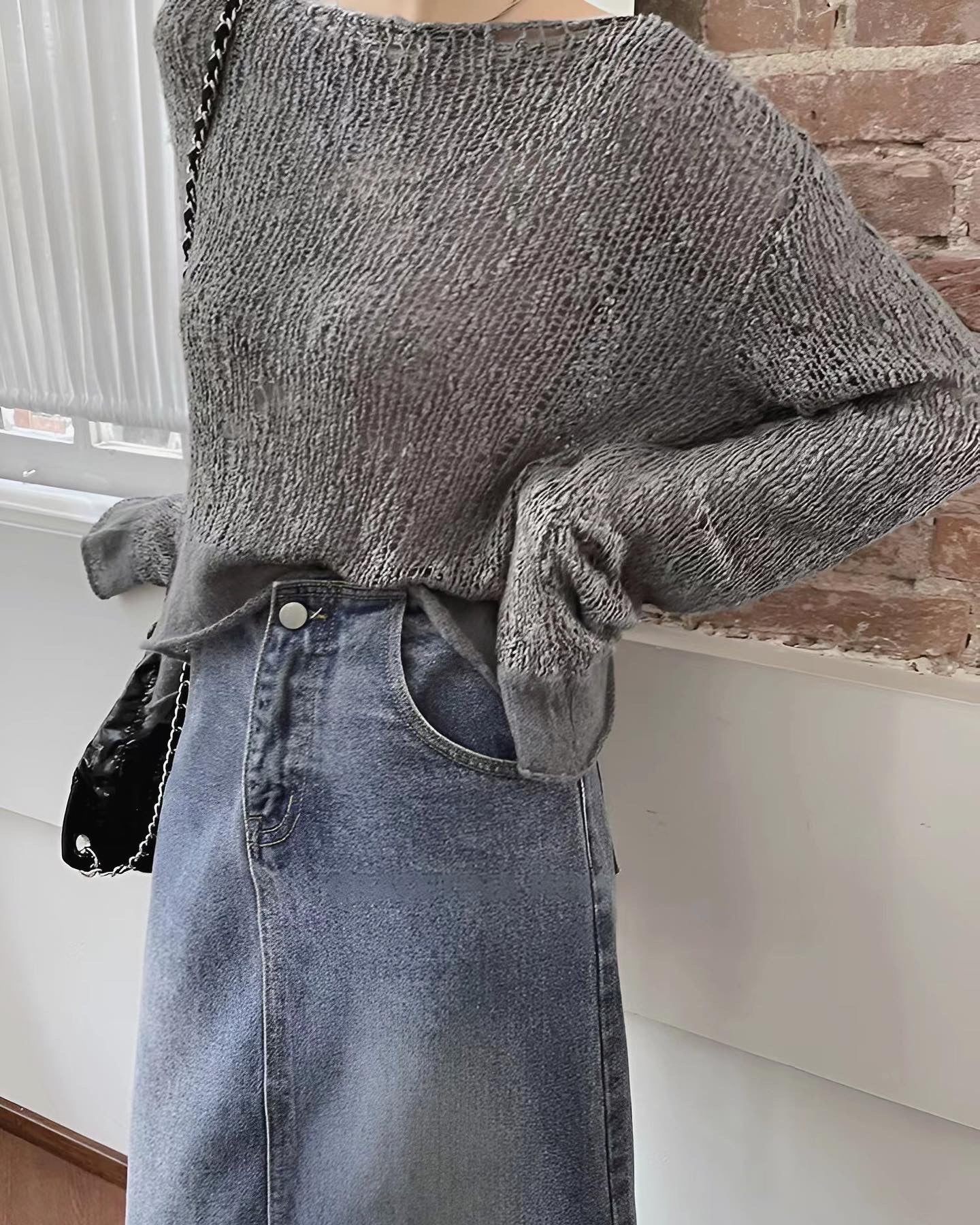 パッチワークと透かし編みニットトップ