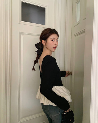 ヴィンテージバックオープンフリル長袖トップ