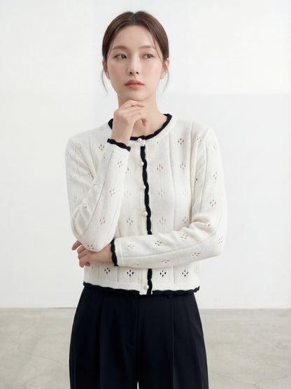 圓領簡約撞色鏤空針織開衫