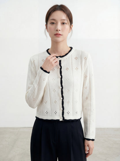 圓領簡約撞色鏤空針織開衫