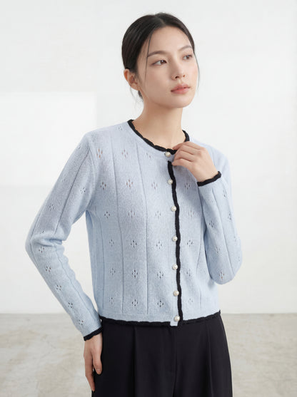 圓領簡約撞色鏤空針織開衫