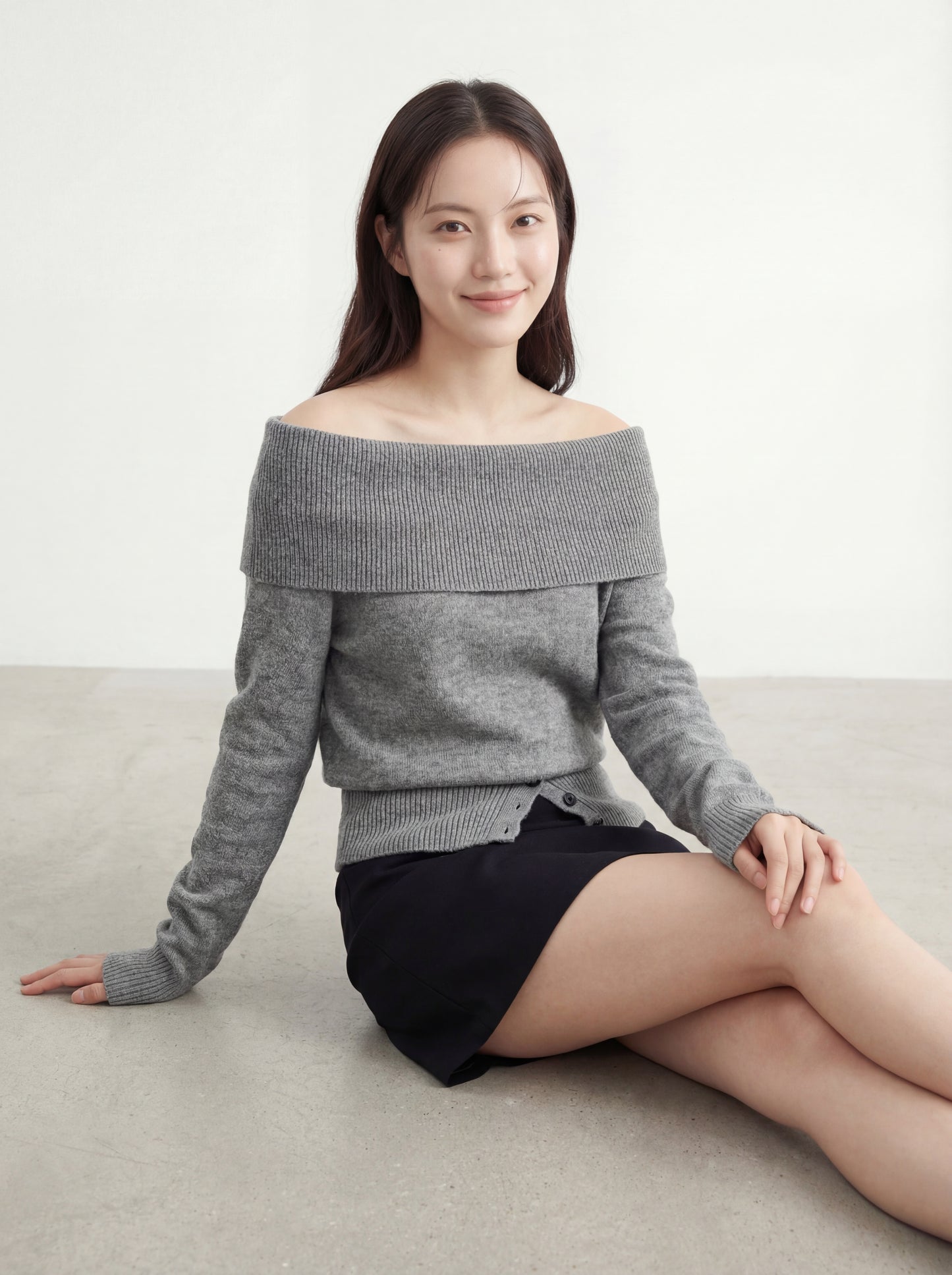 氛圍感一字領露肩長袖上衣