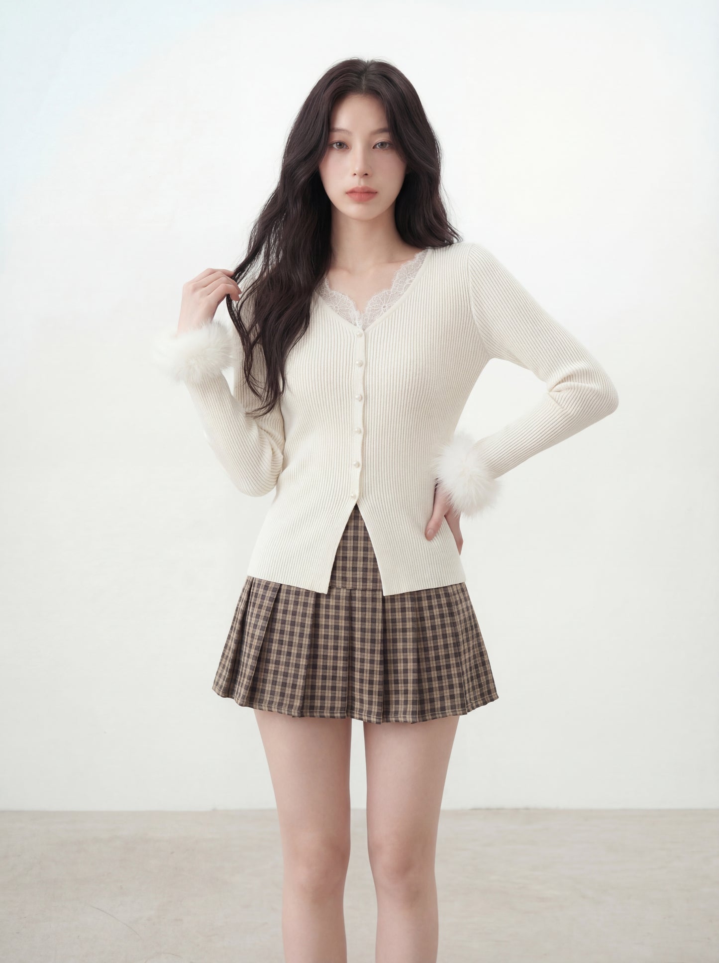 蕾絲V領毛毛袖針織衫