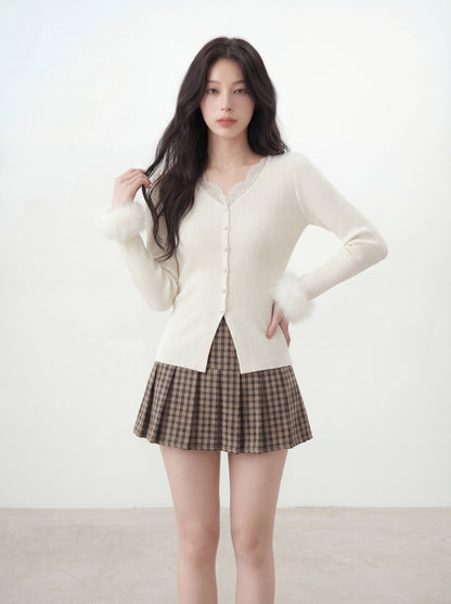 蕾絲V領毛毛袖針織衫