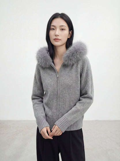 Knit Sweater with Large Fur-Trimmed Hood