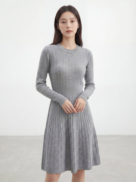 圓領麻花紋長袖針織連身裙