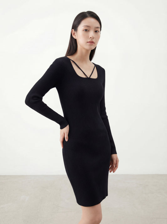 法式方領純欲長袖連身裙