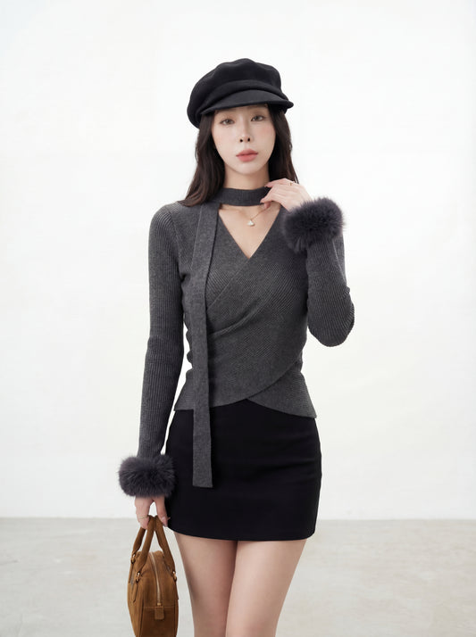 絨絨毛袖修身針織小衫