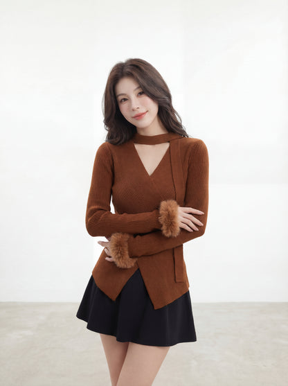 絨絨毛袖修身針織小衫