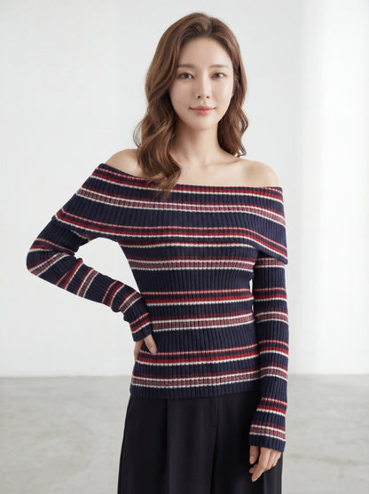 オフショルダーストライプ配色エレガントニット