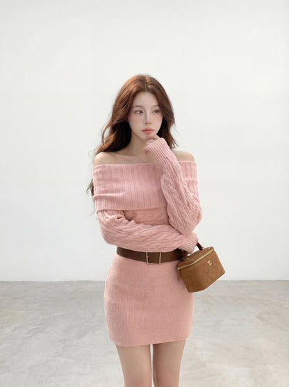 氛圍感一字肩針織連身裙