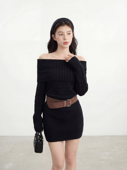 氛圍感一字肩針織連身裙