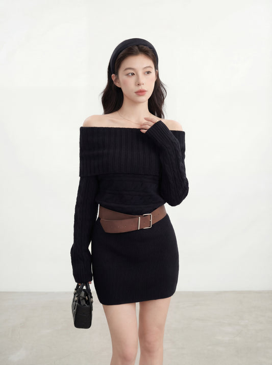 氛圍感一字肩針織連身裙