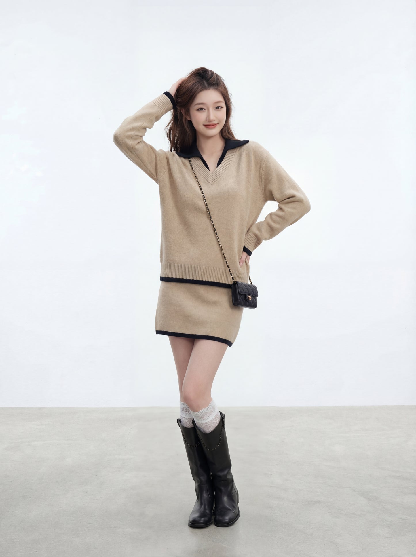 撞色毛衣+半身裙套裝