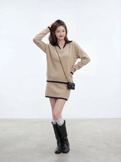 撞色毛衣+半身裙套裝