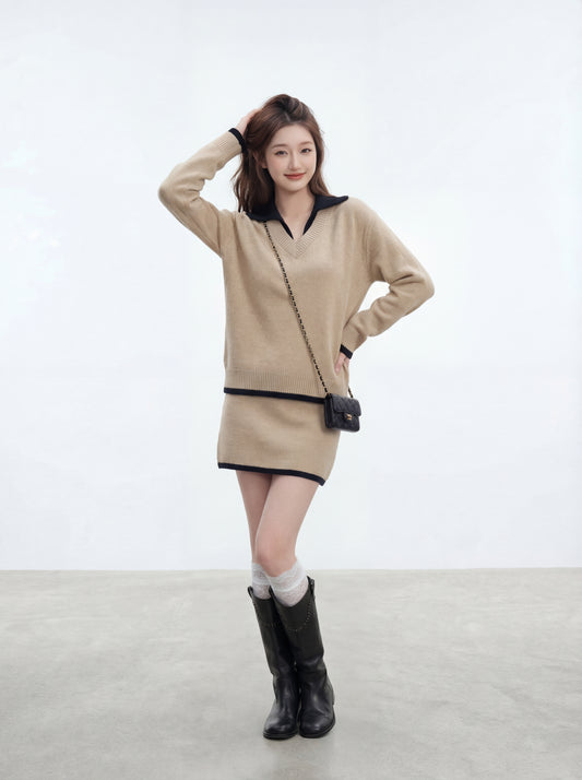 撞色毛衣+半身裙套裝